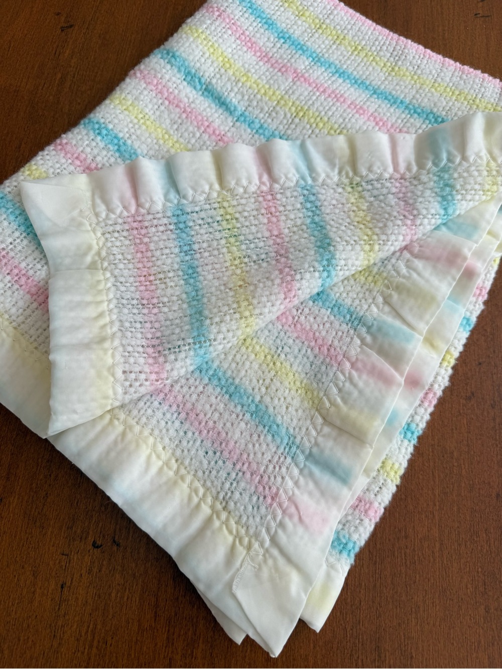 Vintage acrylic stripe satin trimmed baby blanket in Pink, Blue & Yellow 47” x 3